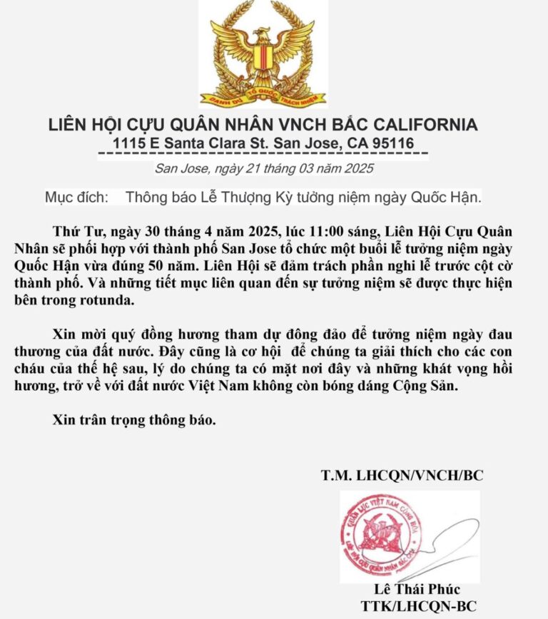 KÍNH MỜI THAM DỰ LỄ THƯỢNG KỲ VÀ RŨ KỲ TƯỞNG NIỆM 50 QUỐC HẬN TẠI TÒA THỊ CHÍNH THÀNH PHỐ SAN JOSE